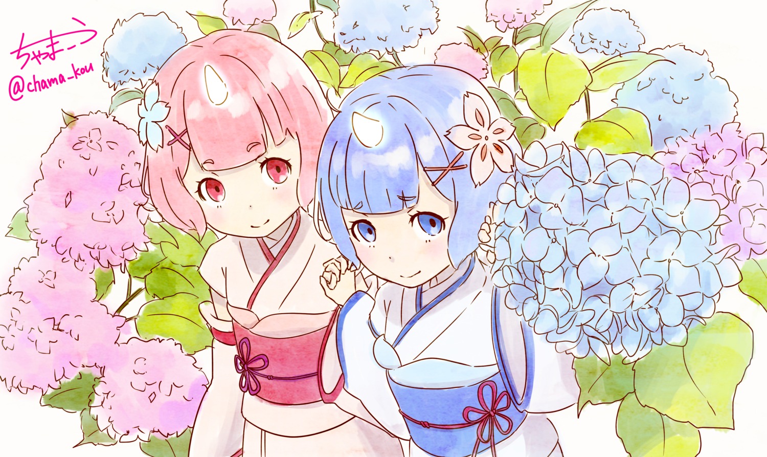 chama_kou horns japanese_clothes ram_(re_zero) re_zero_kara_hajimeru_isekai_seikatsu rem_(re_zero)