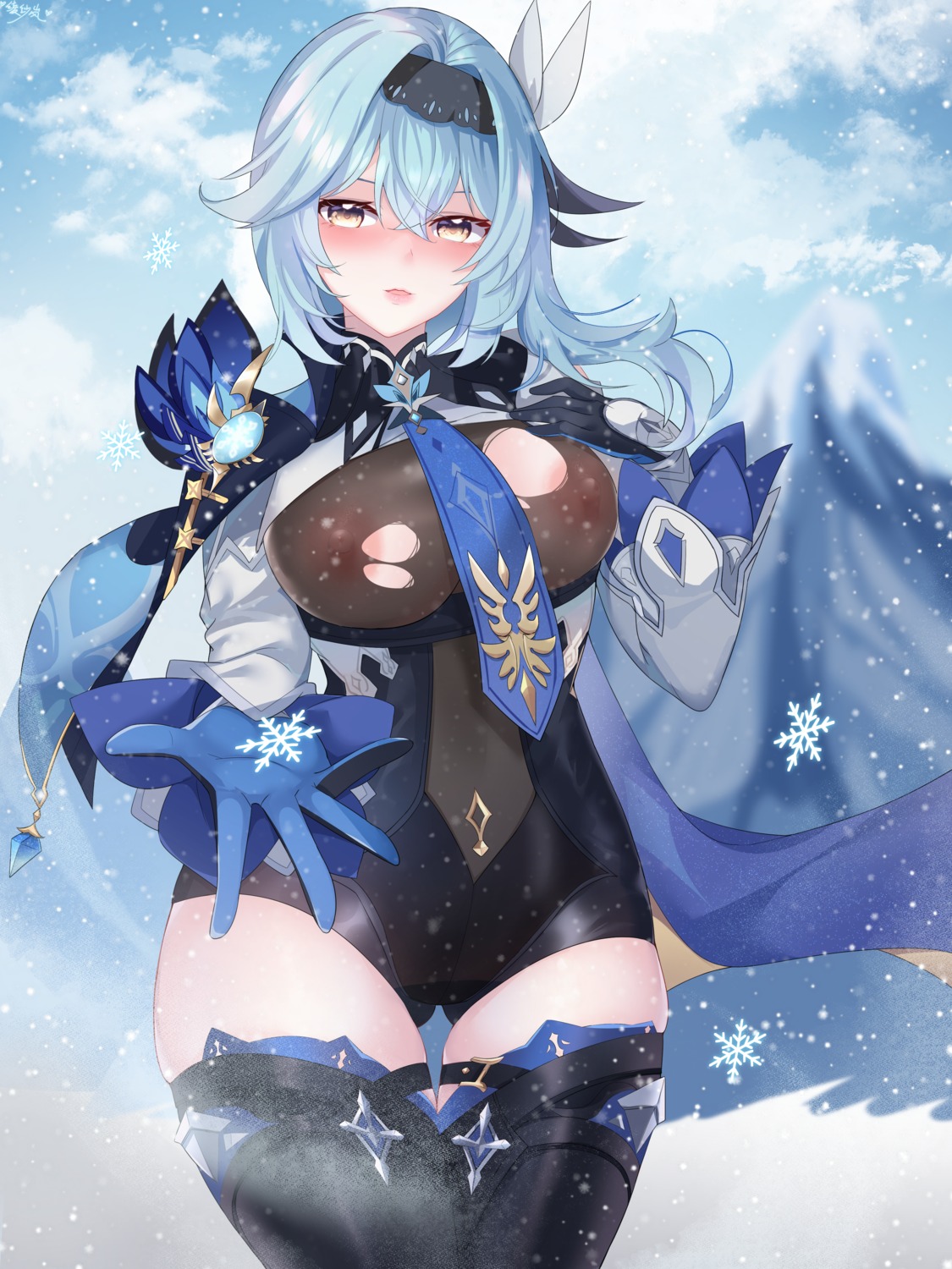 eula garter genshin_impact lingshalan nipples no_bra see_through thighhighs torn_clothes