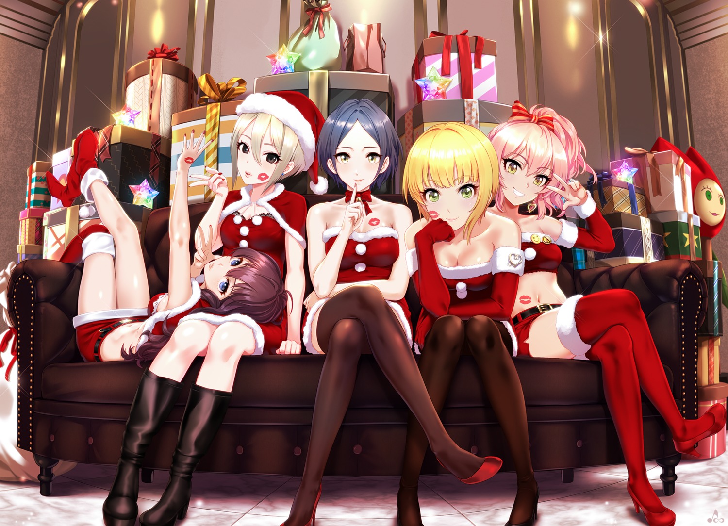 christmas cleavage dress hayami_kanade heels ichinose_shiki infinote jougasaki_mika miyamoto_frederica pantyhose shiomi_shuuko the_idolm@ster the_idolm@ster_cinderella_girls the_idolm@ster_cinderella_girls_starlight_stage thighhighs