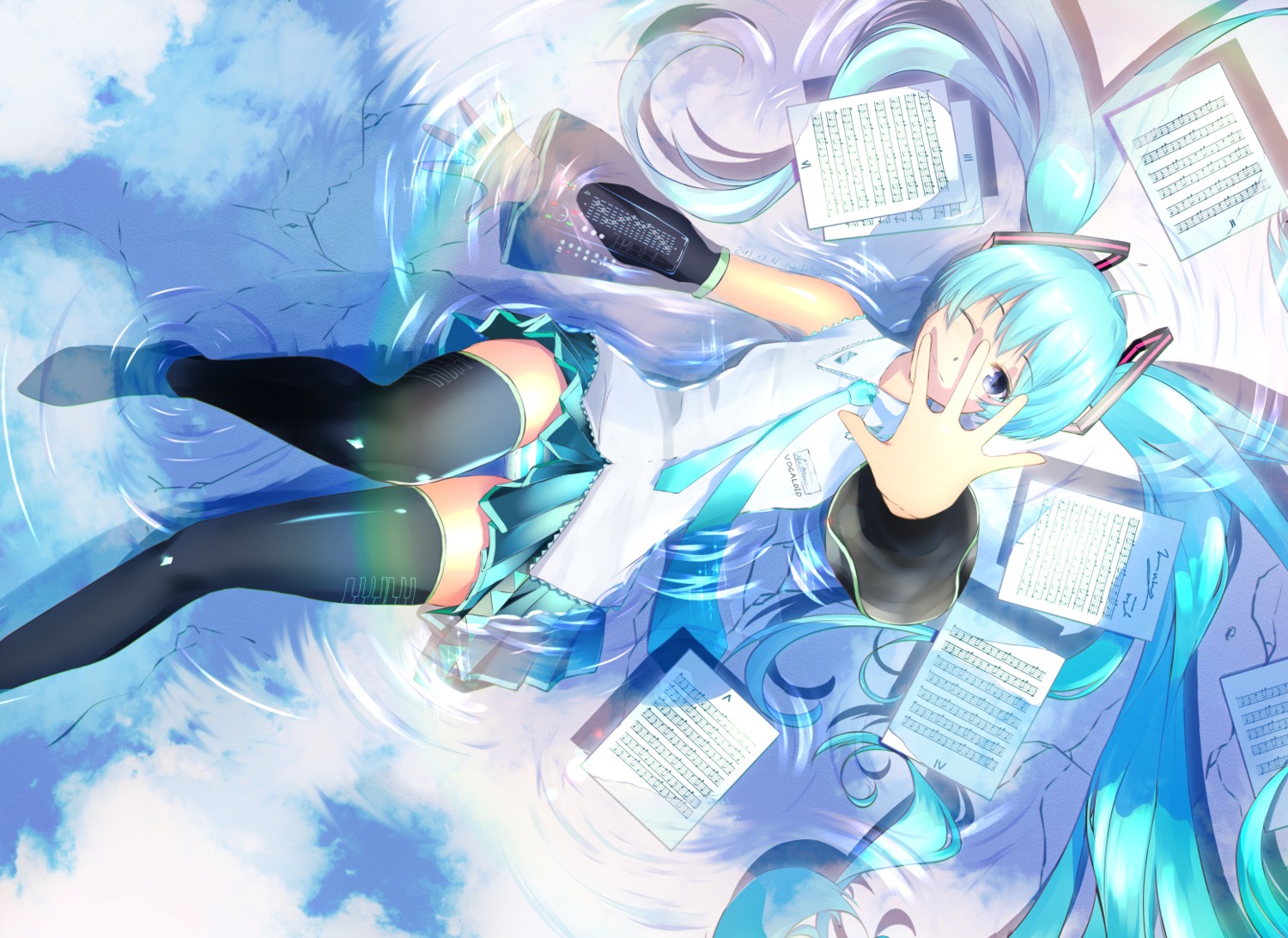 hatsune_miku pantsu puriketsu_corgy shimapan skirt_lift thighhighs vocaloid wet