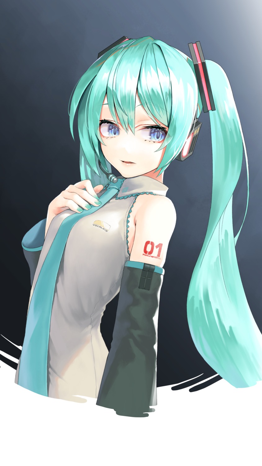 breast_hold hatsune_miku headphones rsk_(tbhono) tattoo vocaloid