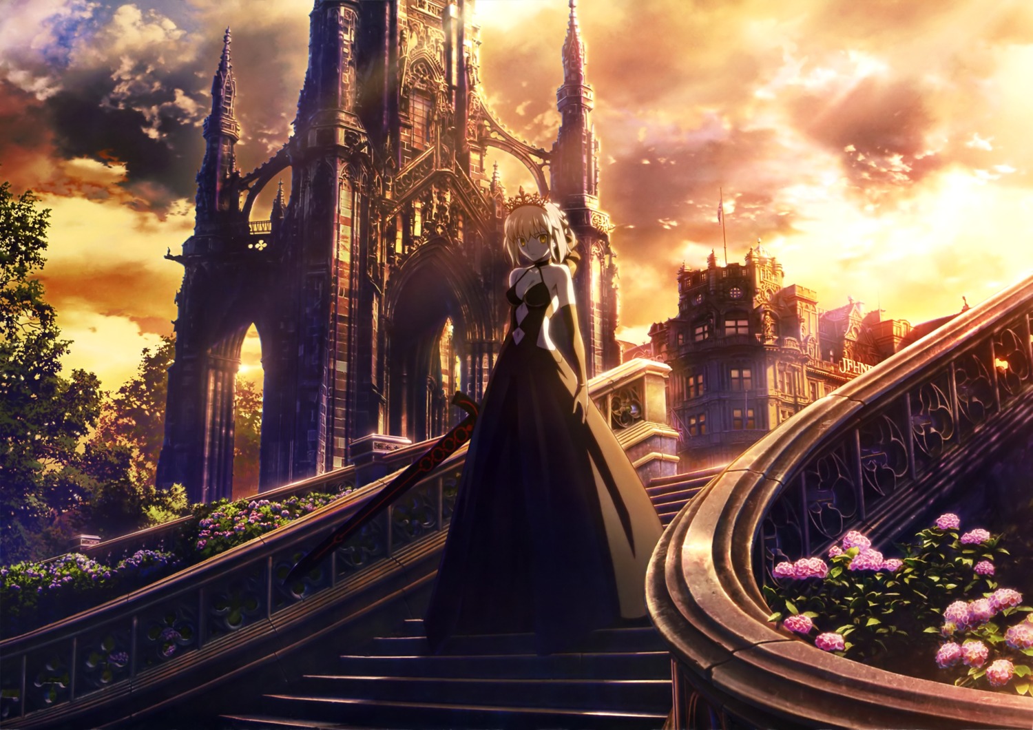 cleavage dress fate/grand_order fate/stay_night landscape saber saber_alter sword takeuchi_takashi type-moon