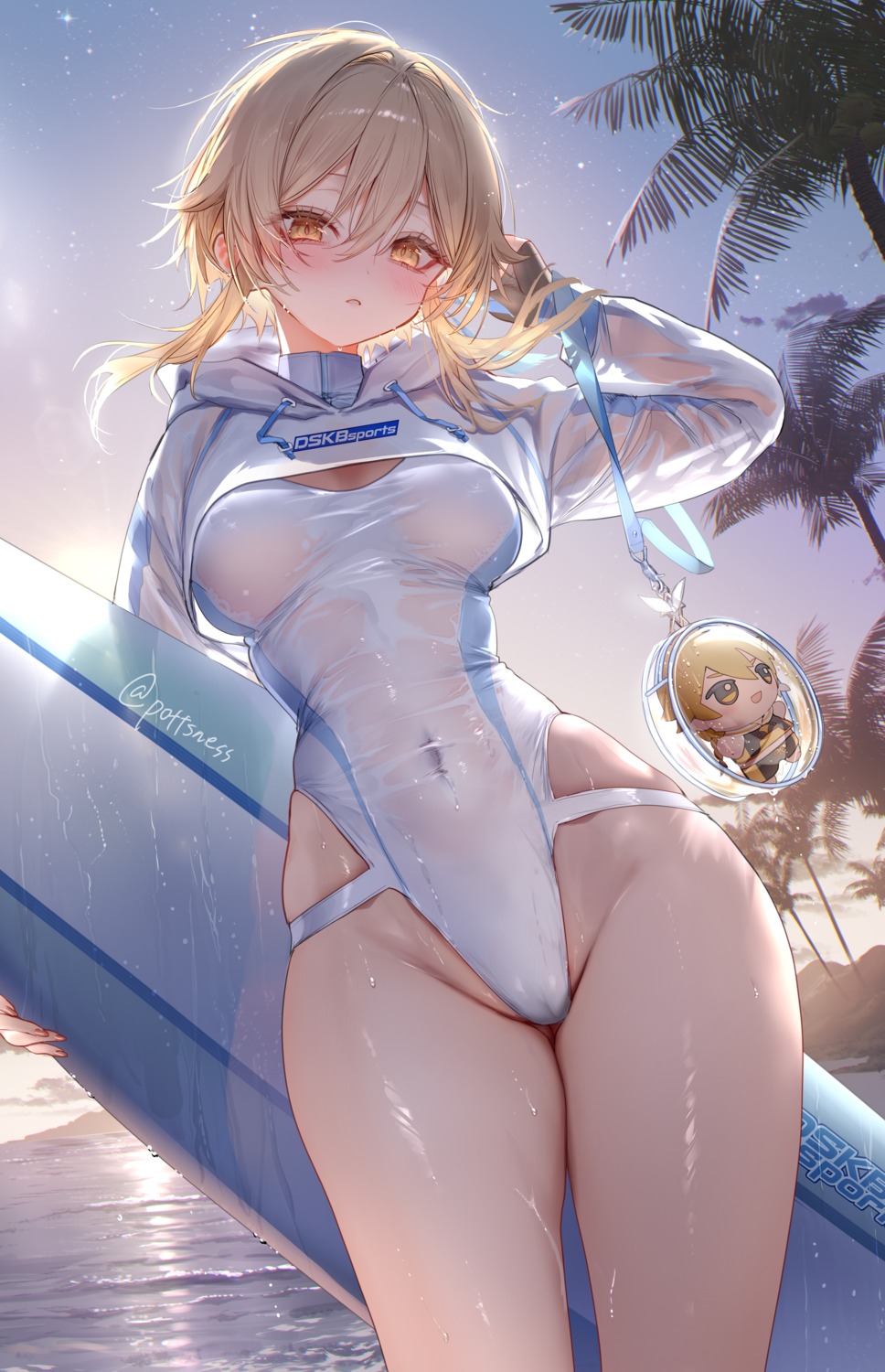 aether cameltoe chibi erect_nipples genshin_impact lumine pottsness see_through swimsuits wet wet_clothes