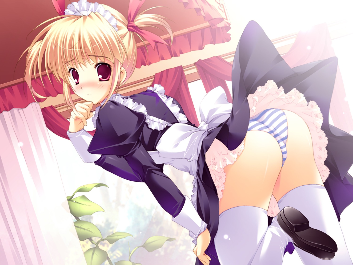 ass maid mikeou pantsu pink_chuchu shimapan skirt_lift thighhighs wallpaper