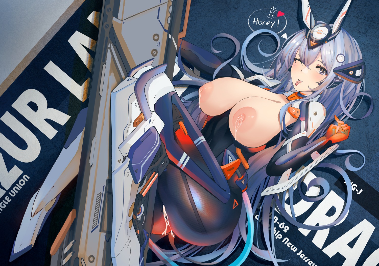 azur_lane bodysuit breasts lactation mecha_musume new_jersey_(azur_lane) nipples no_bra nopan pussy_juice yusha_(m-gata)