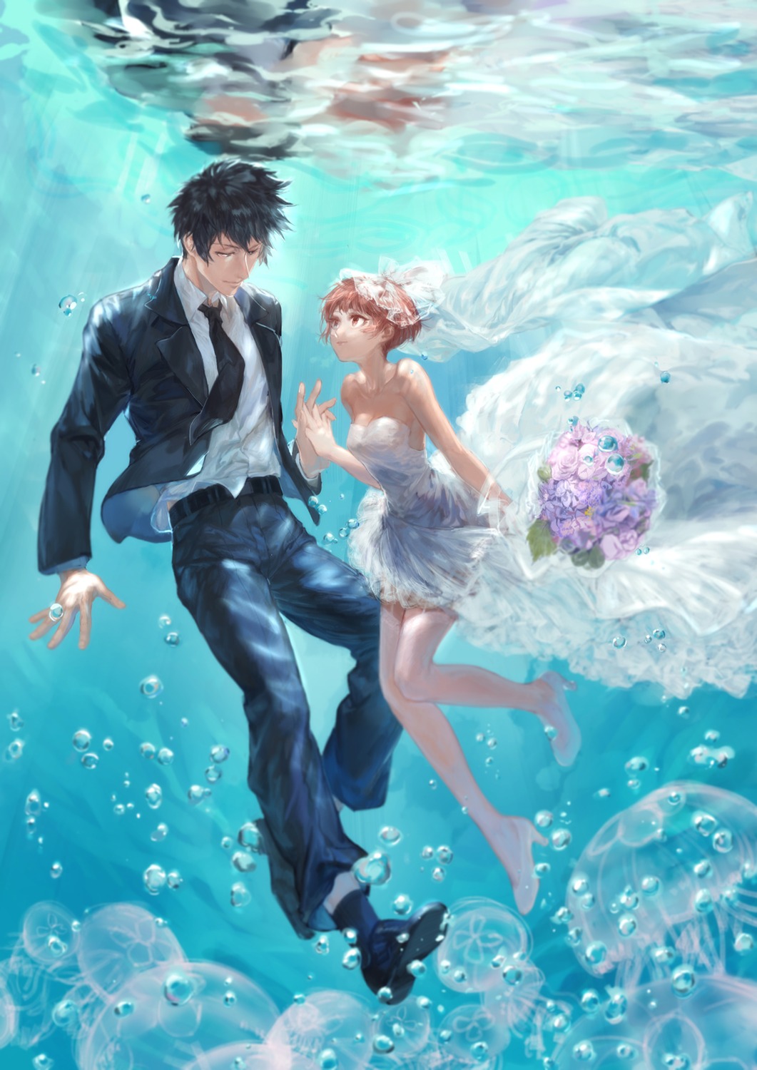 business_suit cleavage dress heels kougami_shinya psycho-pass tsunemori_akane tuta wedding_dress wet