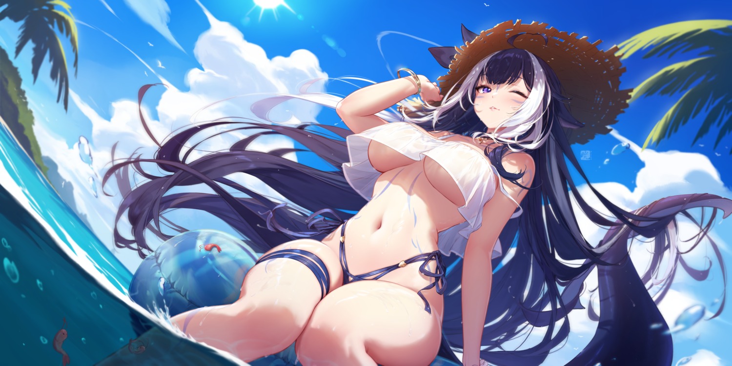 animal_ears bikini garter indie_virtual_youtuber mitsu_(mitsu_art) see_through shylily swimsuits tail tattoo underboob wet wet_clothes