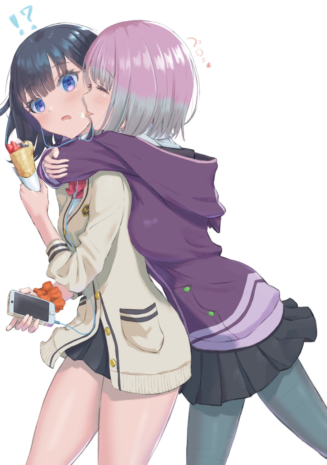 cream pantyhose seifuku shinjou_akane skirt_lift ssss.gridman sweater takarada_rikka umirororo yuri