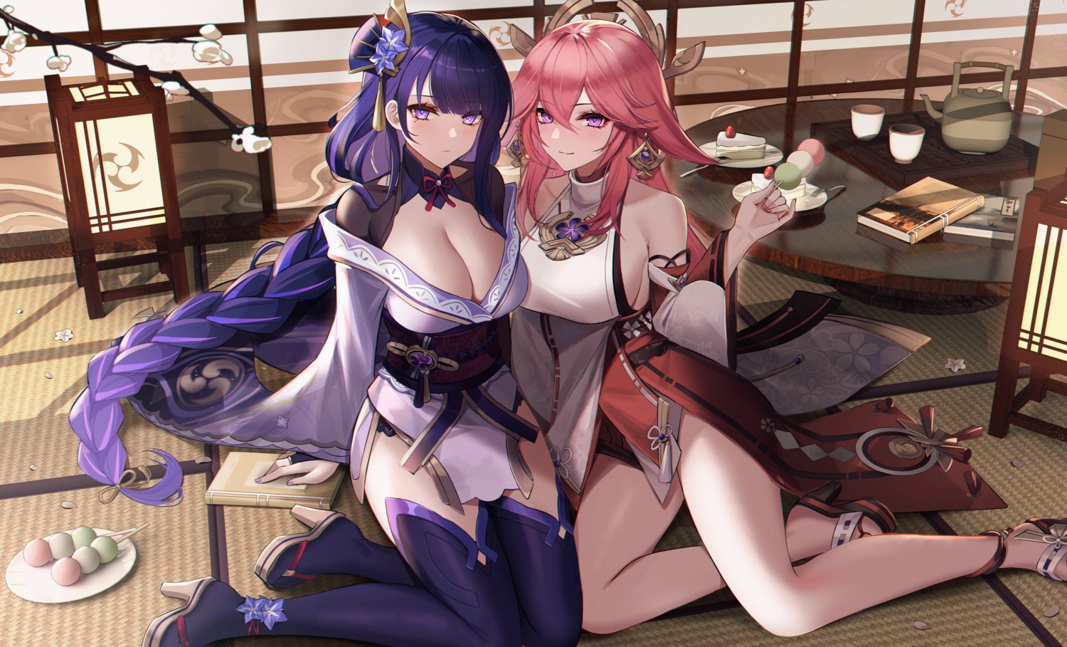 eternity_(shadeh) genshin_impact heels japanese_clothes no_bra open_shirt raiden_shogun thighhighs yae_miko