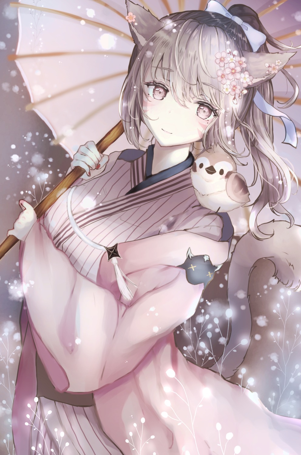 animal_ears final_fantasy final_fantasy_xiv japanese_clothes miqo'te nekomimi sakura_mochiko tail umbrella