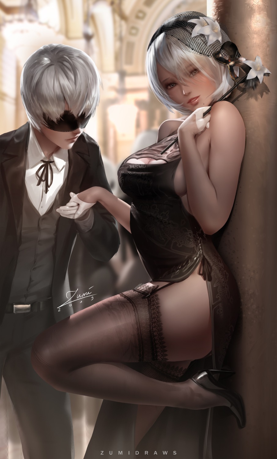 chinadress heels nier_automata skirt_lift stockings thighhighs yorha_no.2_type_b yorha_no._9_type_s zumi_(zumidraws)