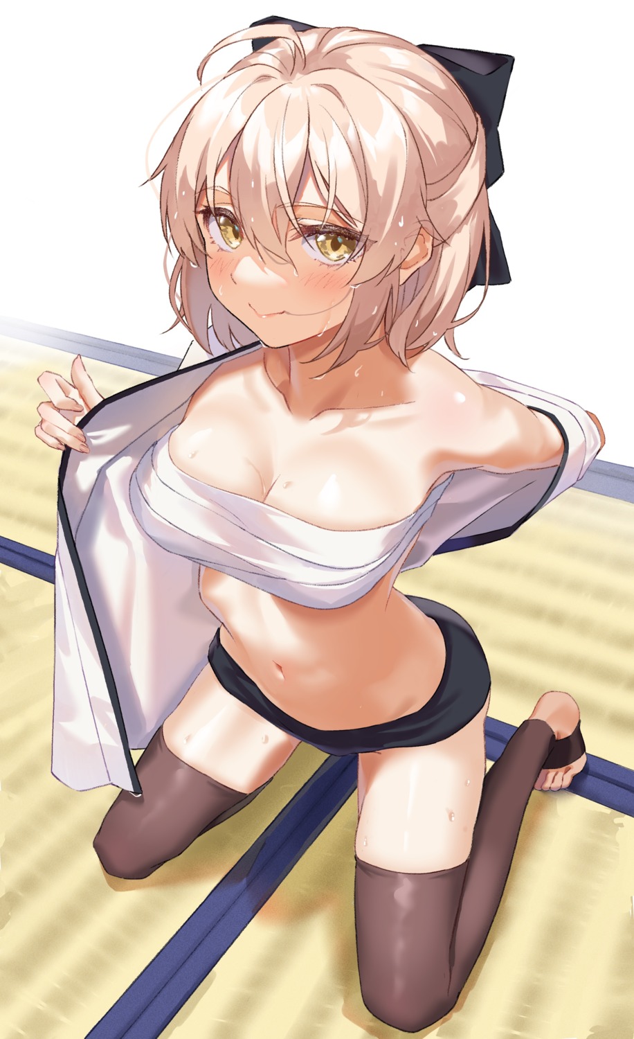 fate/grand_order japanese_clothes naruse_(0819) okita_souji_(fate) open_shirt sarashi thighhighs undressing wet