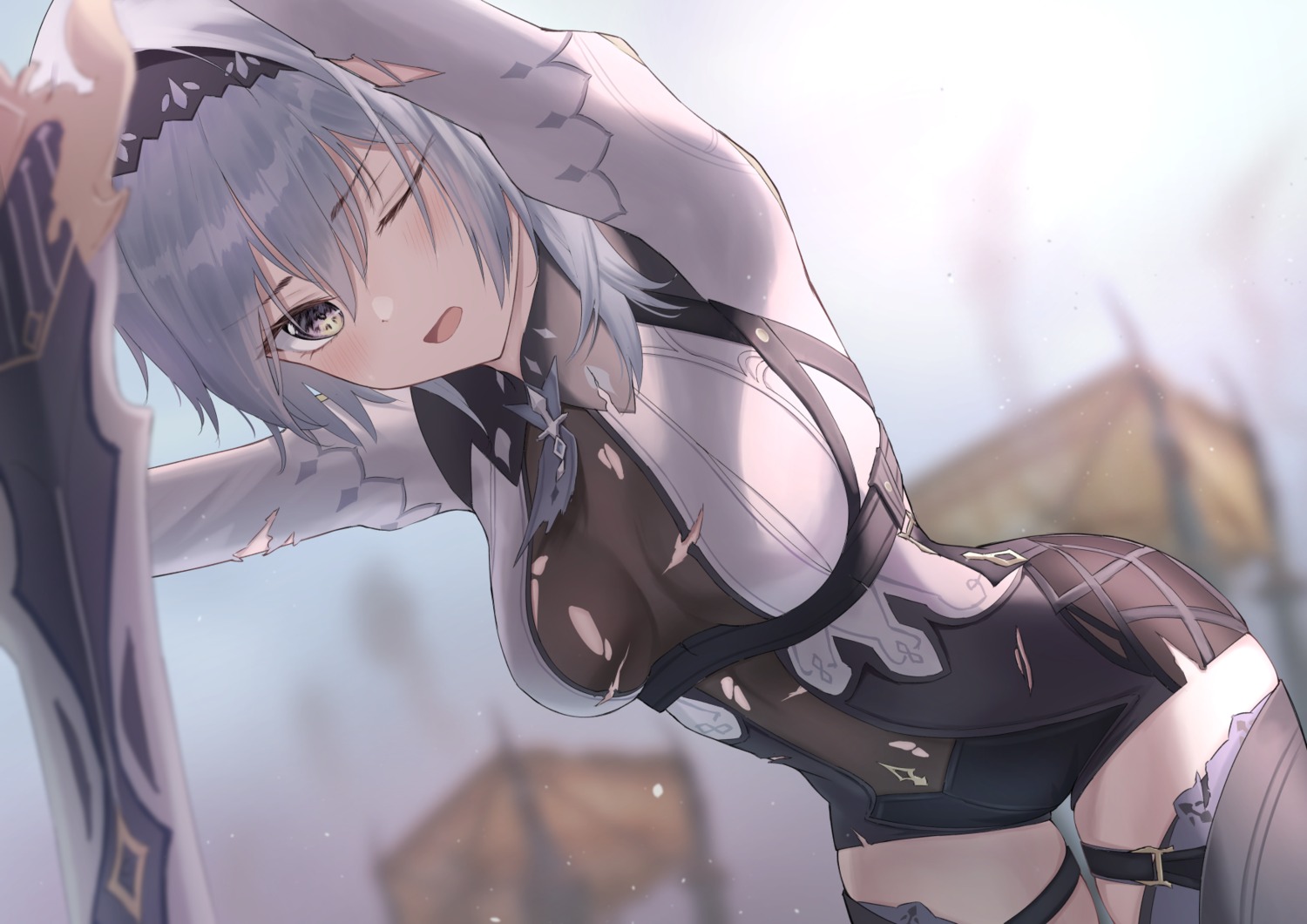 eula garter genshin_impact marinesnow no_bra sword thighhighs torn_clothes