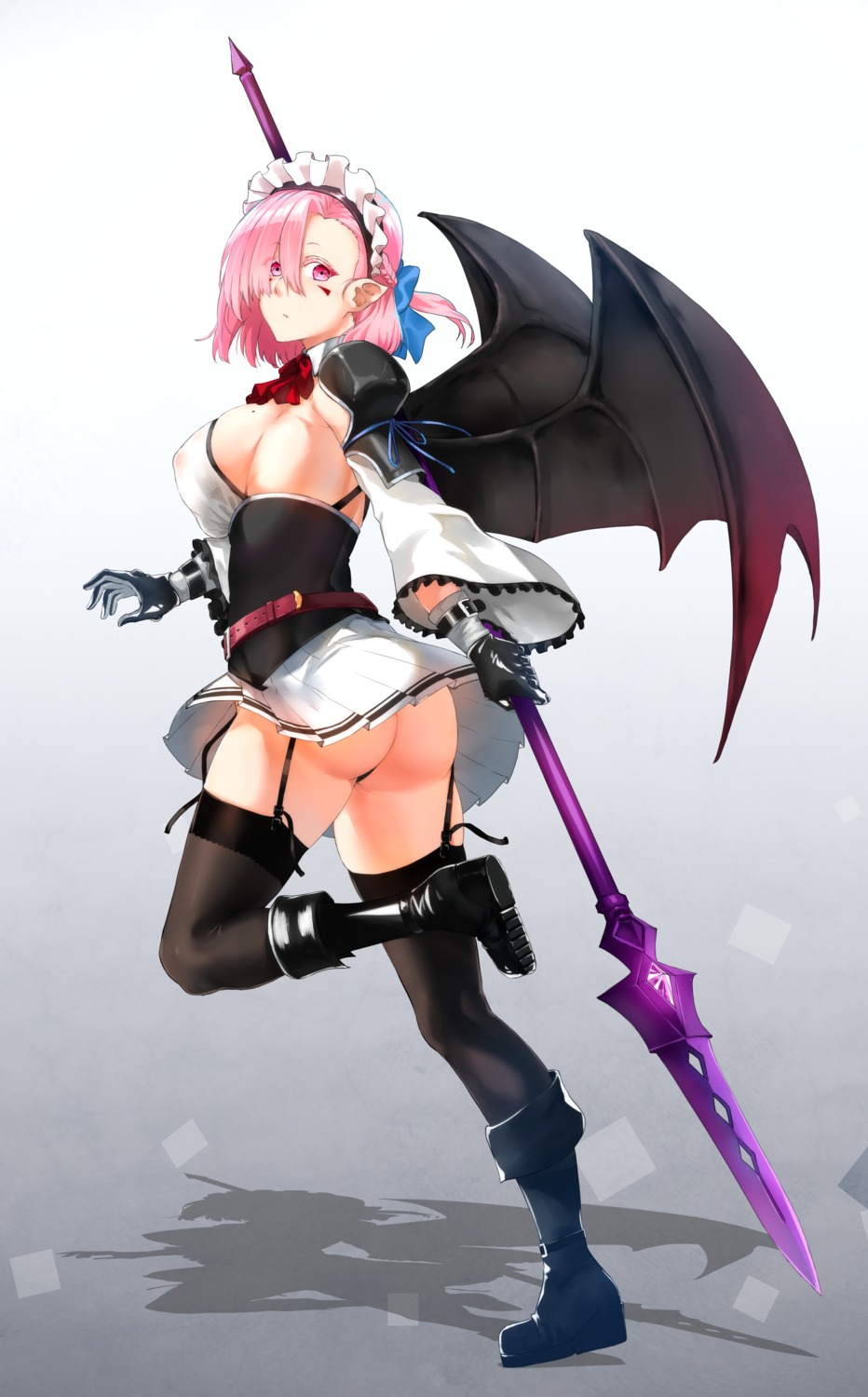 armor ass bishi_(bishi) maid pantsu pointy_ears skirt_lift stockings thighhighs thong weapon wings