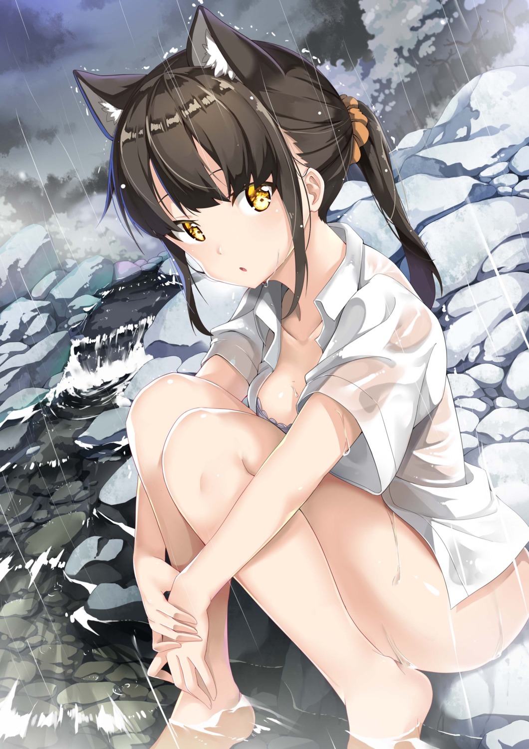 animal_ears bottomless bra dress_shirt jie_laite open_shirt see_through wet wet_clothes