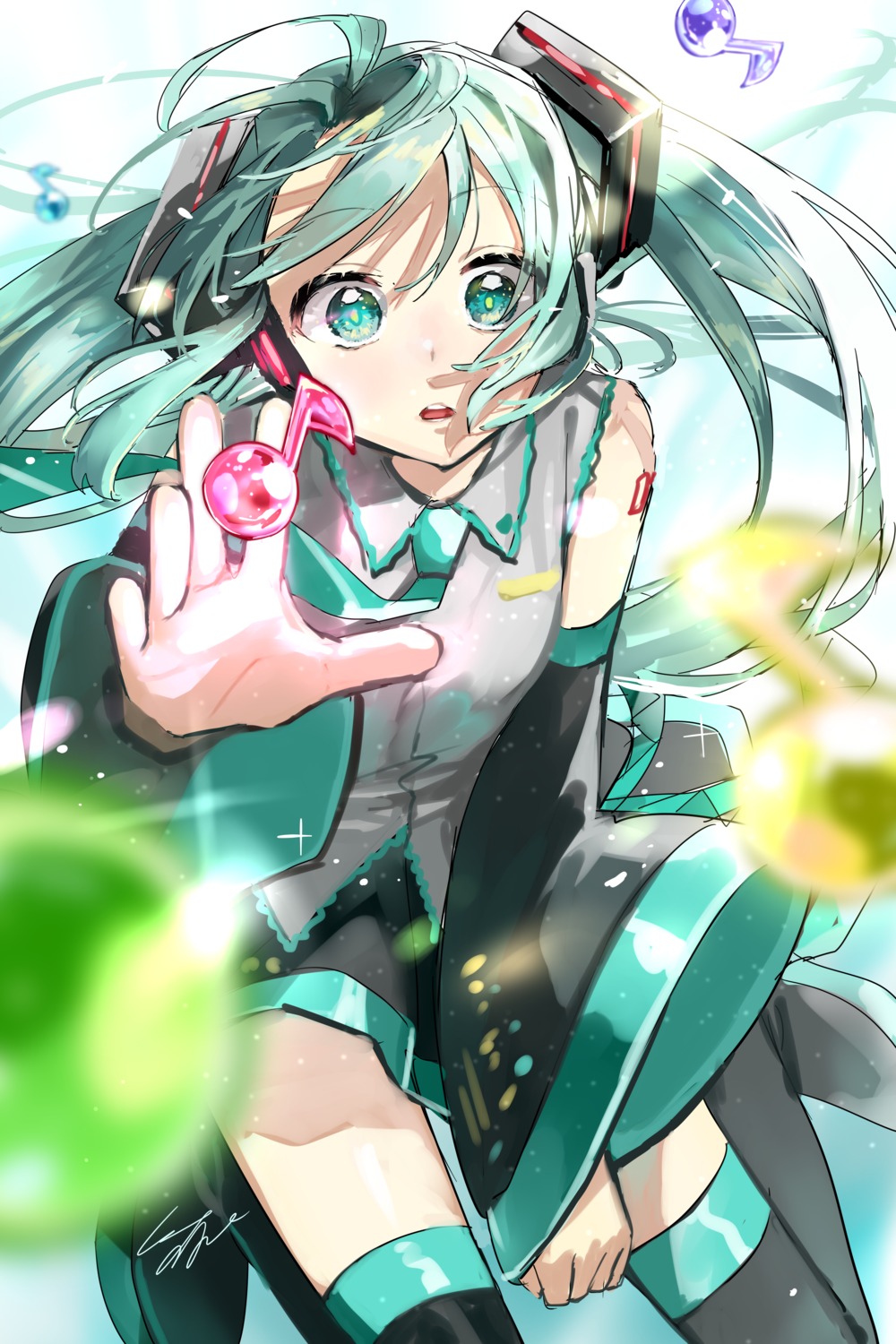 hatsune_miku headphones pomu skirt_lift tattoo thighhighs vocaloid