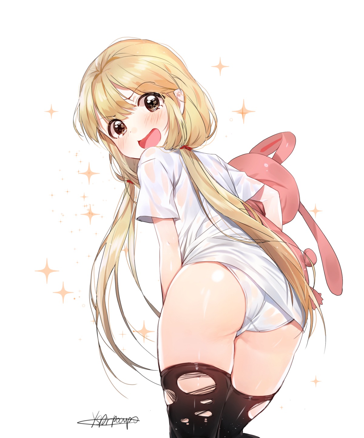 ass autographed dr_poapo futaba_anzu pantsu see_through the_idolm@ster the_idolm@ster_cinderella_girls thighhighs torn_clothes wet_clothes