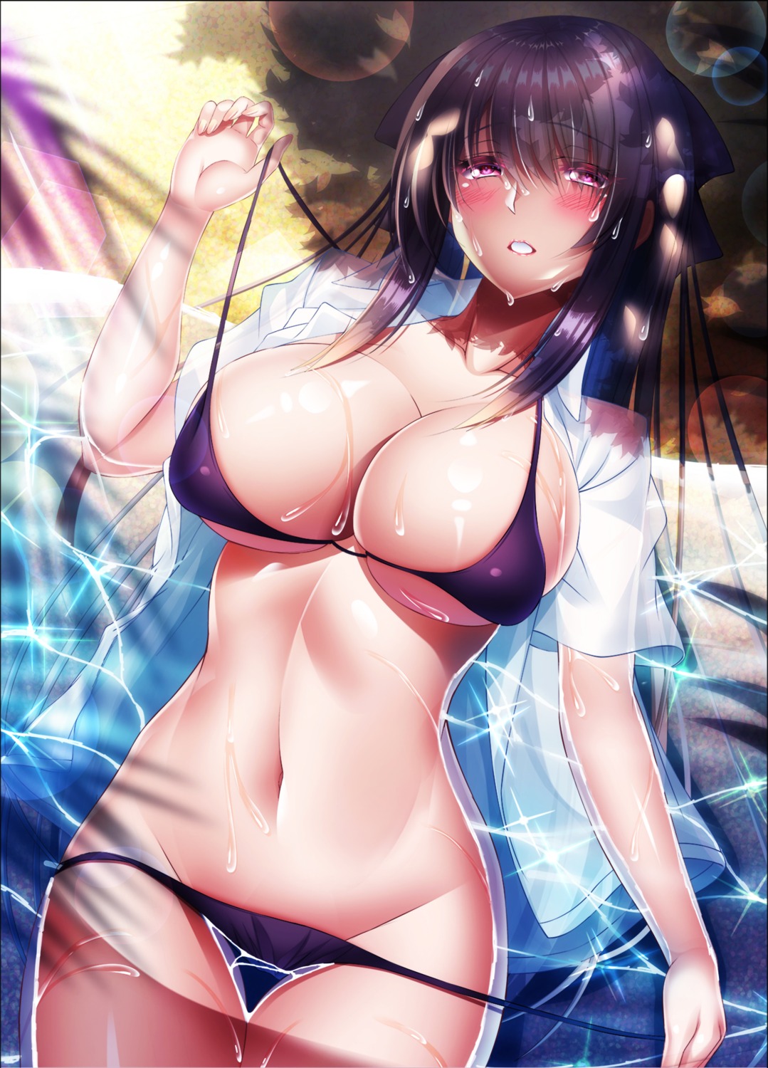 bikini dress_shirt open_shirt panty_pull see_through swimsuits undressing wet yuuzuki_hijiri