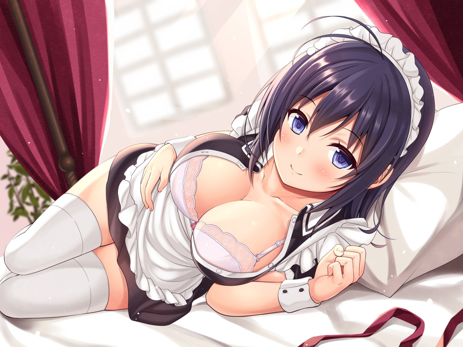 bra breast_hold cleavage maid open_shirt see_through thighhighs urozuki_akira