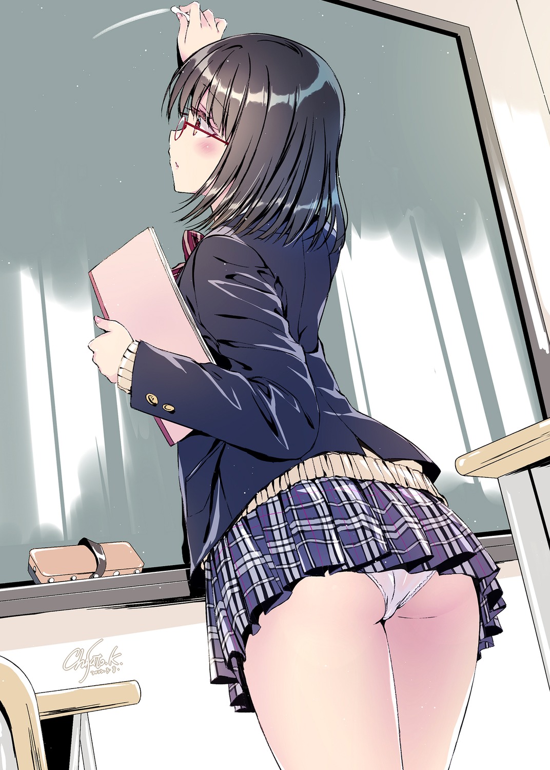 ass kobayashi_chisato megane pantsu seifuku shishunki_complex skirt_lift sweater thong