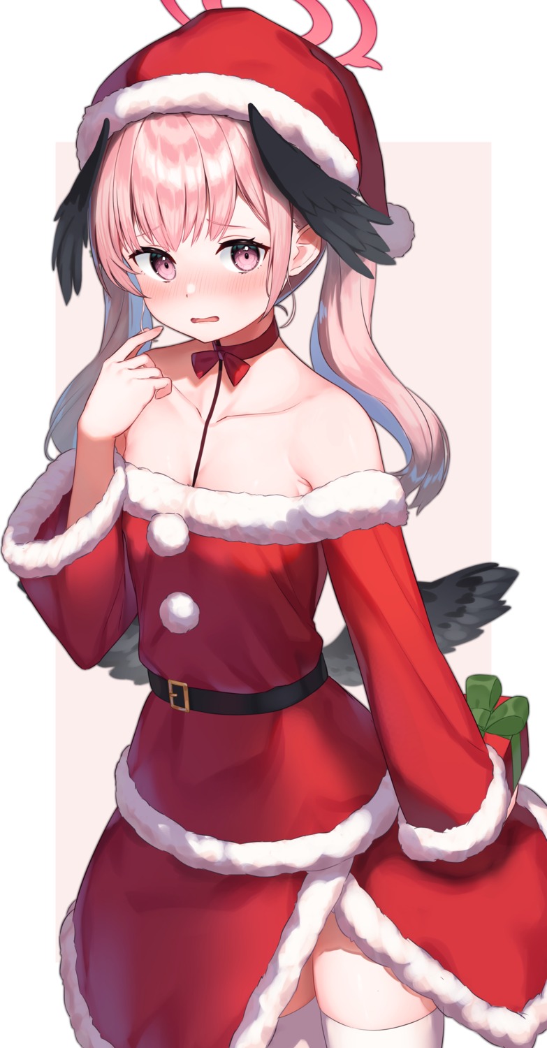 blue_archive christmas cleavage halo no_bra shimoe_koharu takechii thighhighs wings