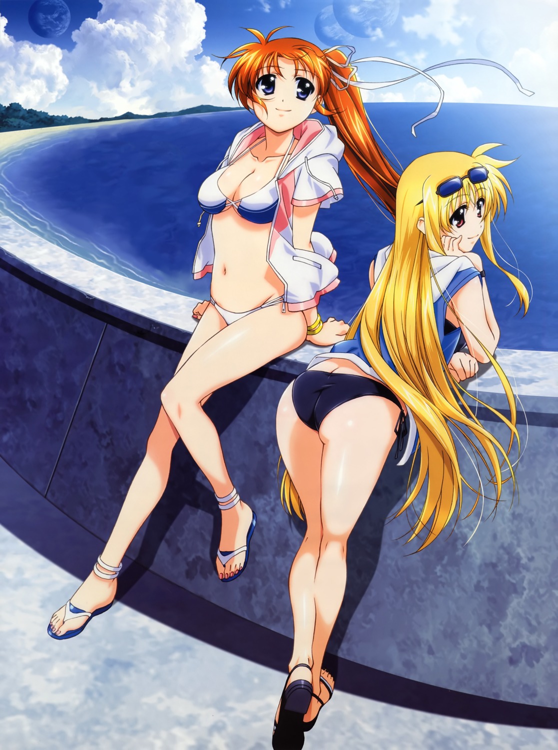 ass bikini cleavage fate_testarossa mahou_shoujo_lyrical_nanoha mahou_shoujo_lyrical_nanoha_strikers okuda_yasuhiro photoshop swimsuits takamachi_nanoha