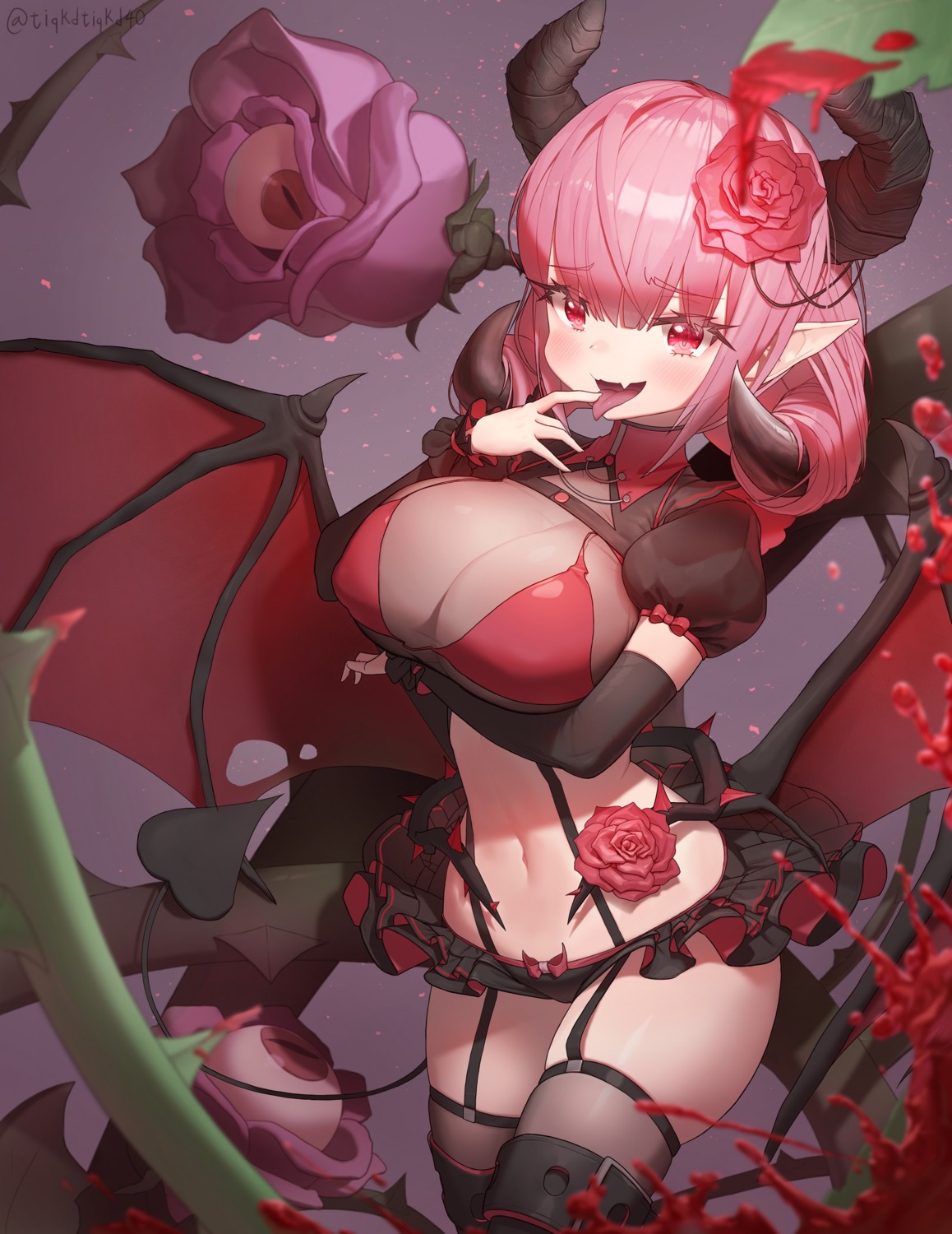 bra breast_hold horns keureu_(tiqkdtiqkd10) pantsu pointy_ears see_through stockings tail thighhighs wings