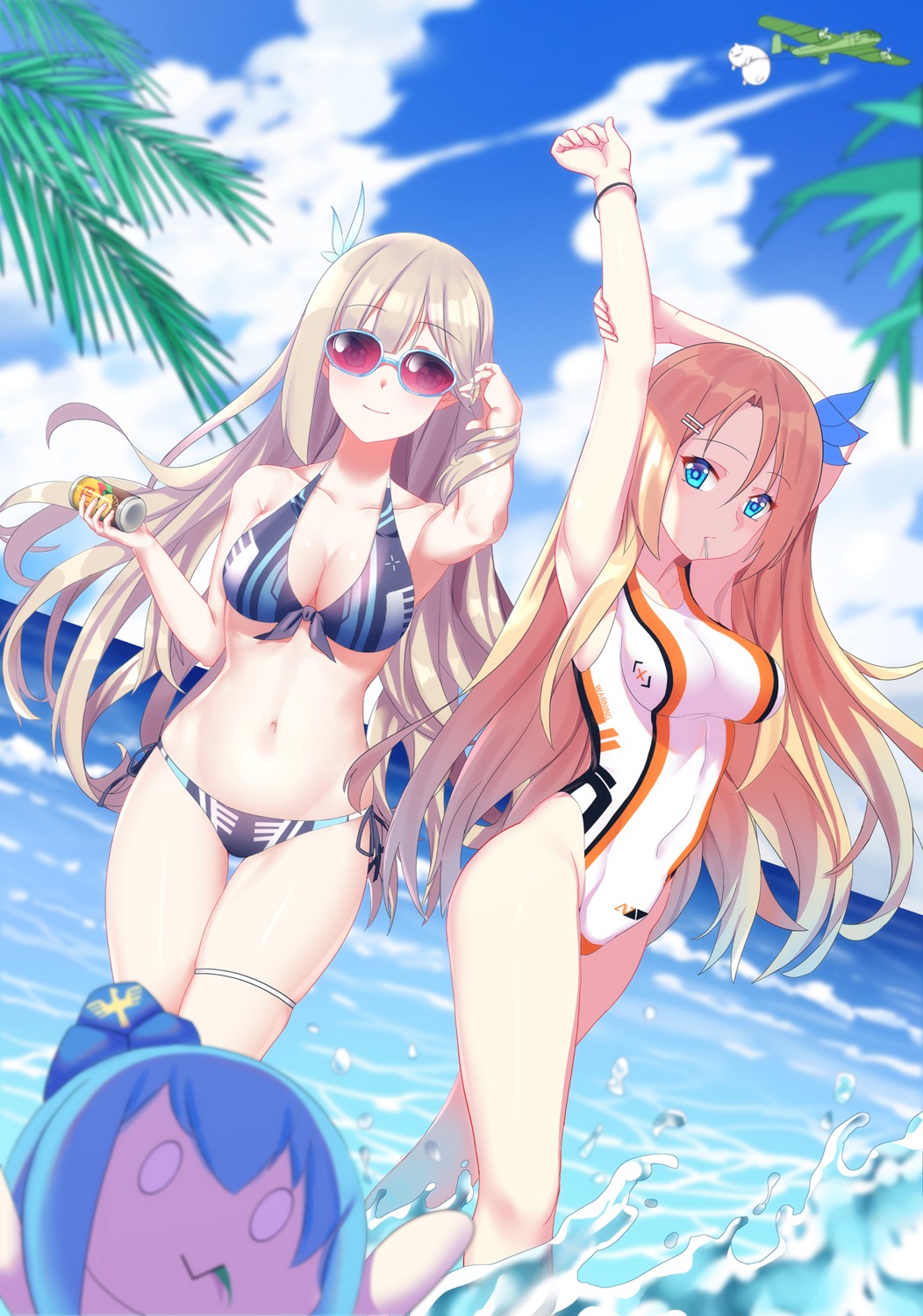 artist_revision bikini cang_se_ye_hua cleavage garter lexington_(zhanjianshaonv) megane quincy_(zhanjianshaonv) saratoga_(zhanjianshaonv) swimsuits wet zhanjianshaonv