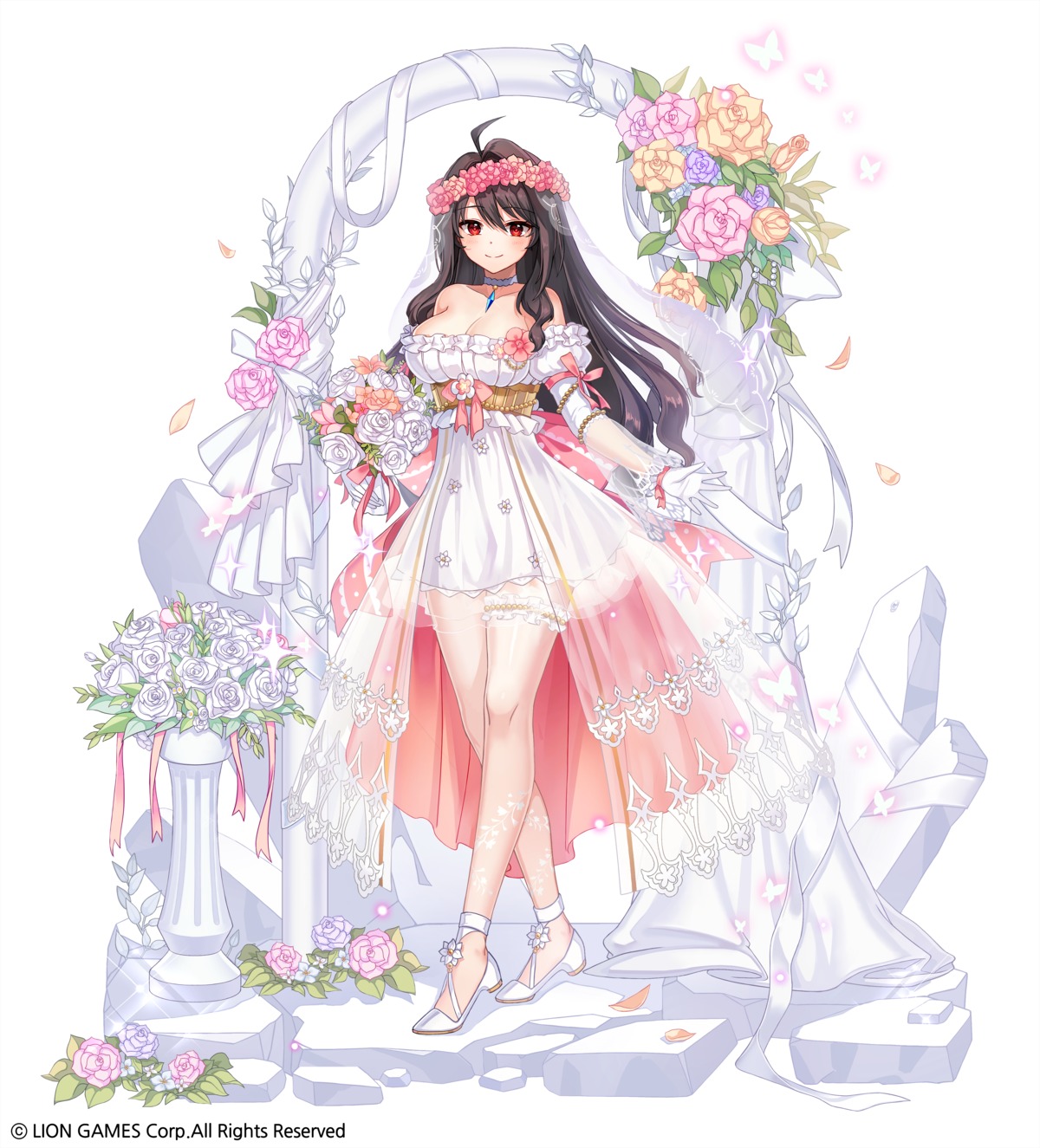 cleavage dress garter heels iris_yuma kyjsogom see_through soul_worker wedding_dress