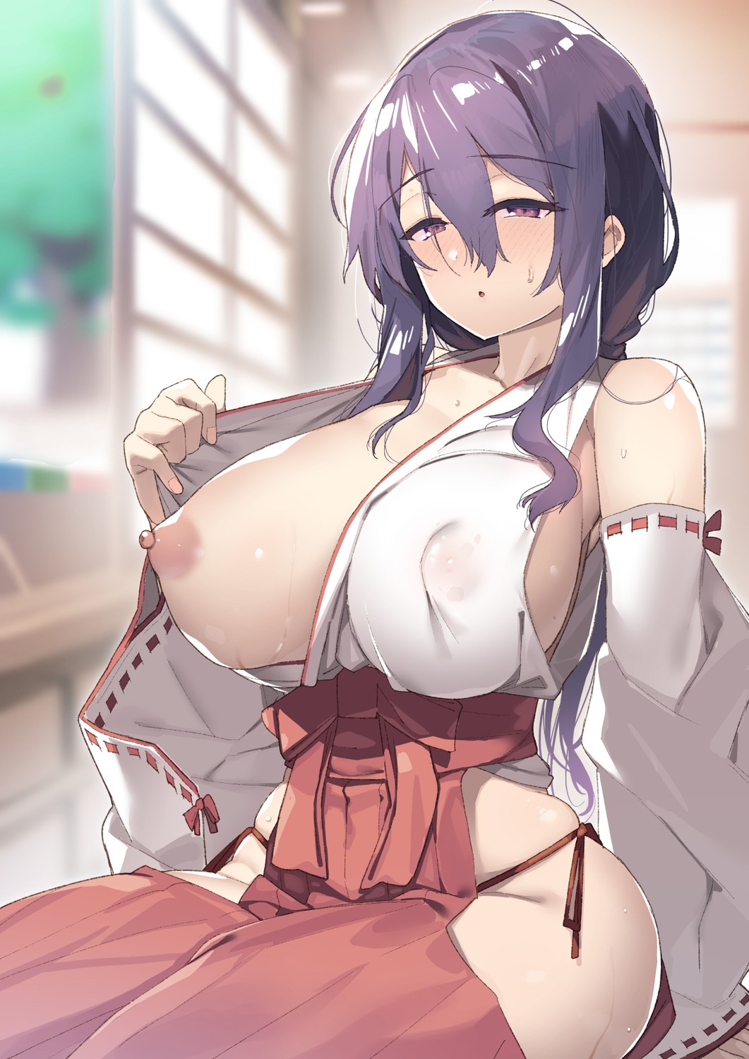 breasts miko nipples no_bra open_shirt pantsu see_through shayo string_panties undressing