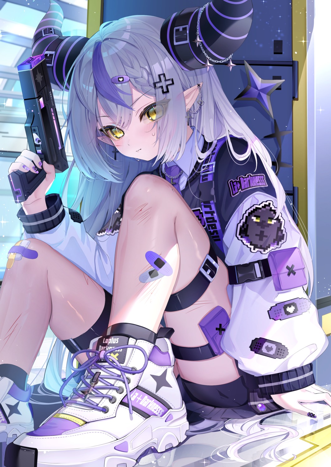 bandaid garter gun hololive horns la+_darknesss piyokuma pointy_ears tail