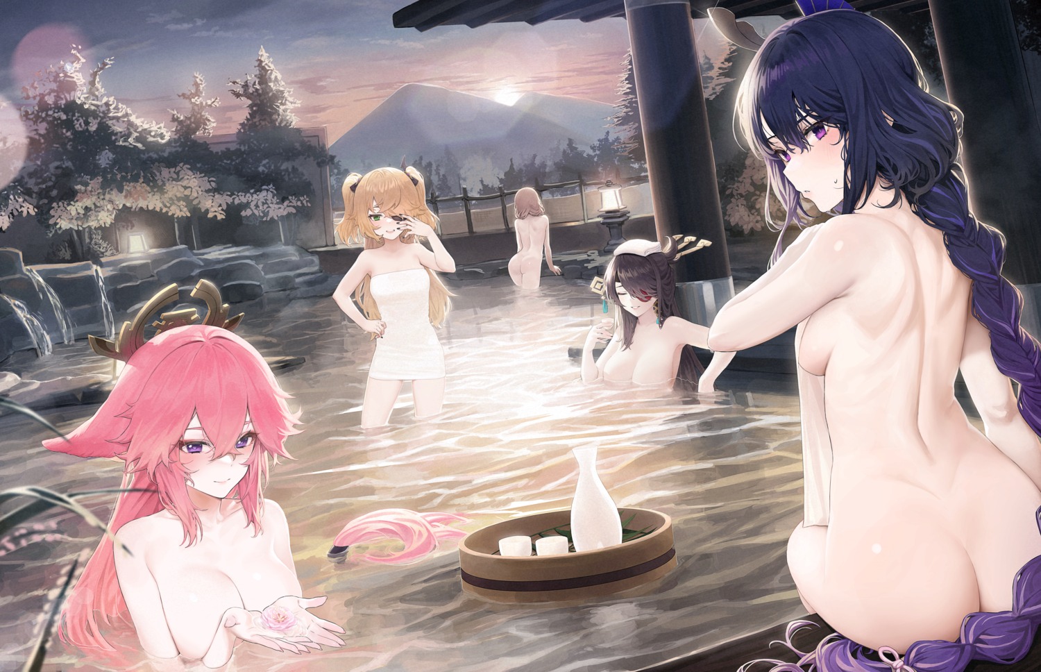 animal_ears ass beidou eyepatch fischl genshin_impact kitsune lisa_(genshin_impact) mochirong naked onsen raiden_shogun topless towel wet yae_miko