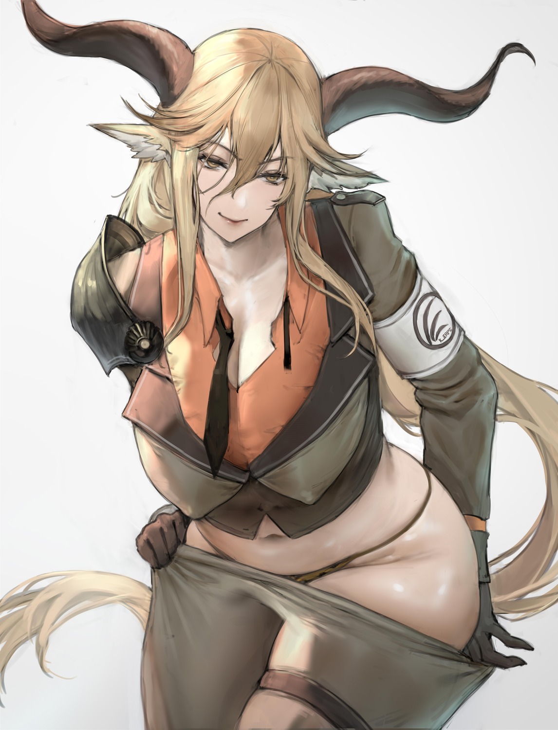 animal_ears arknights armor boingoo cleavage garter horns pantsu undressing uniform