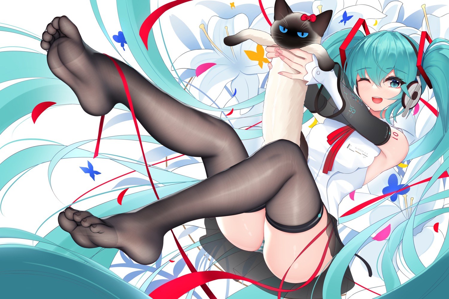 damao_yu feet garter hatsune_miku headphones neko pantsu shimapan skirt_lift tattoo thighhighs vocaloid