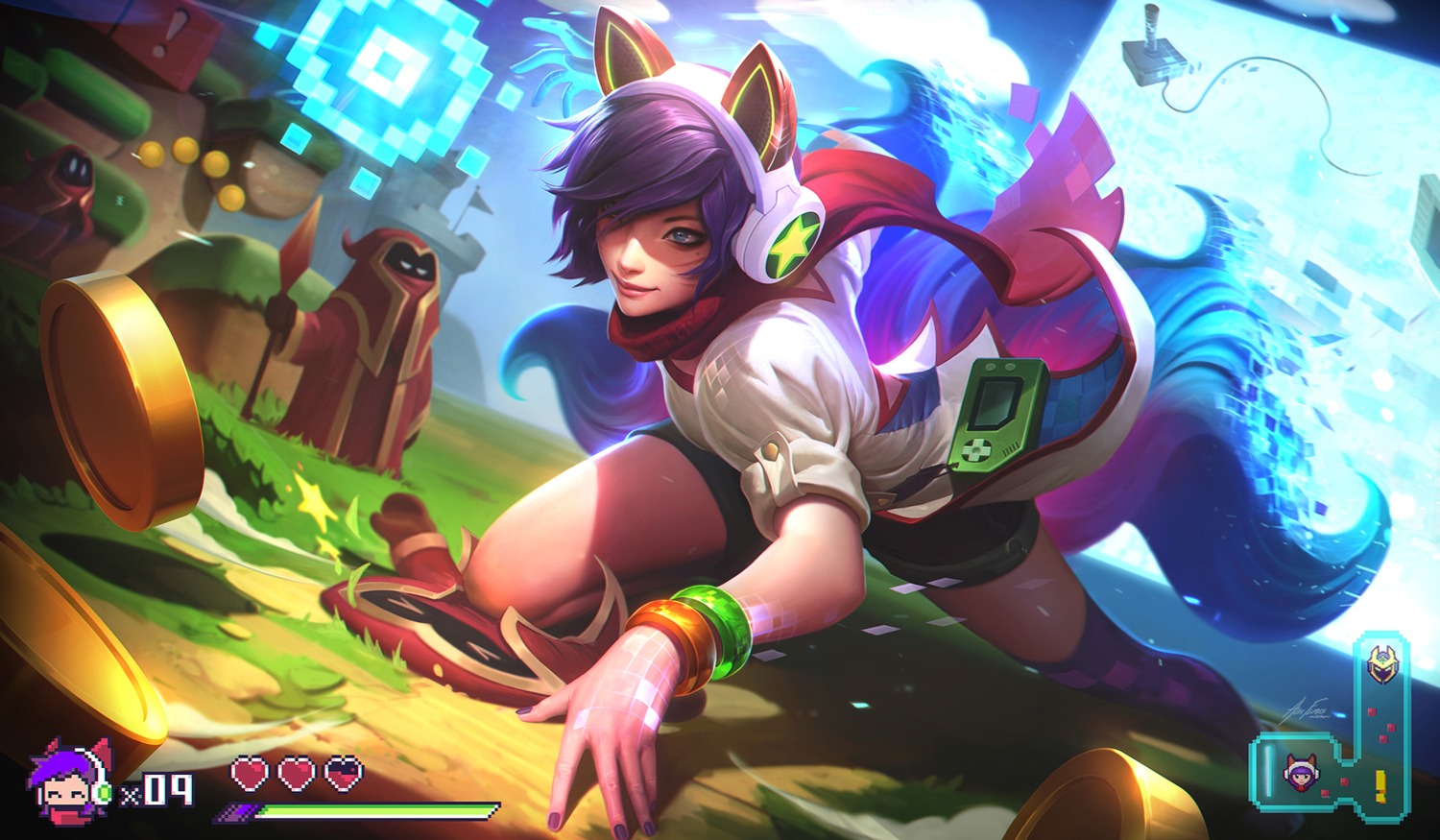 ahri alex_flores animal_ears headphones kitsune league_of_legends tail thighhighs wallpaper weapon