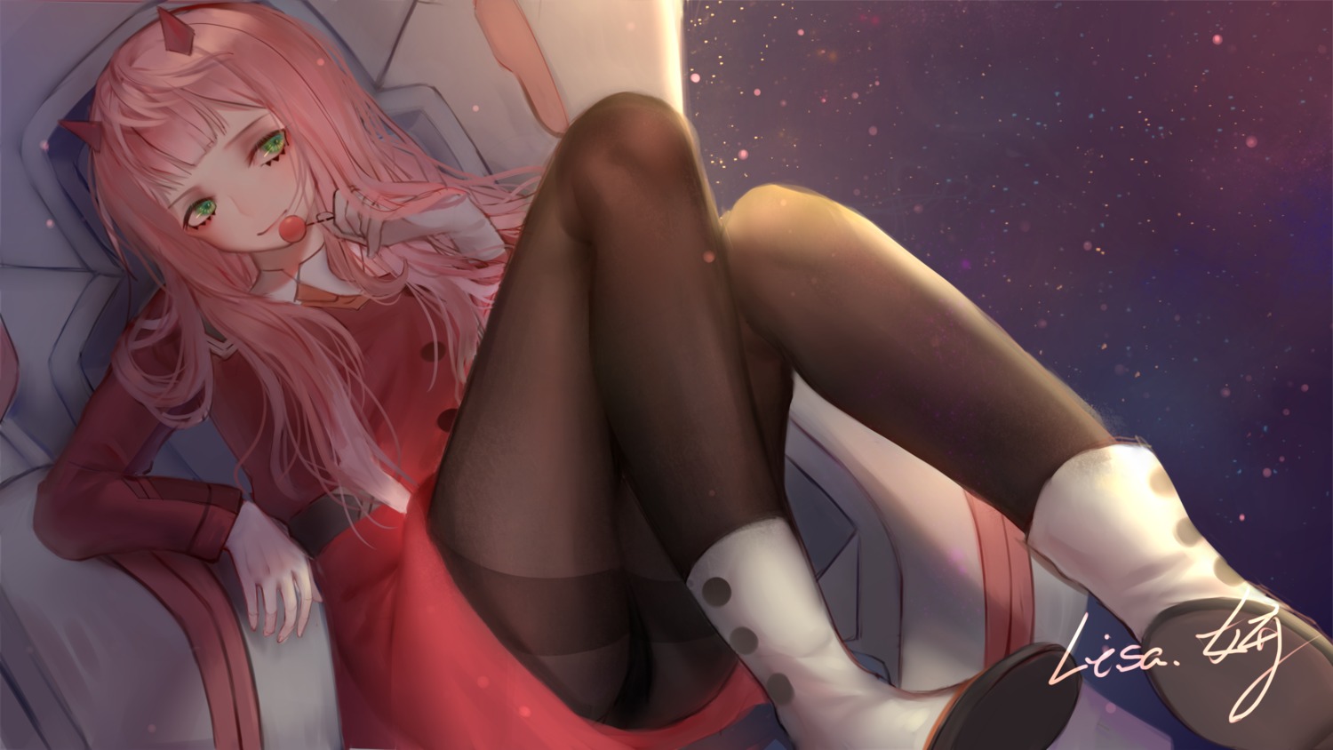 ass darling_in_the_franxx horns lisa_yan pantsu pantyhose uniform zero_two_(darling_in_the_franxx)