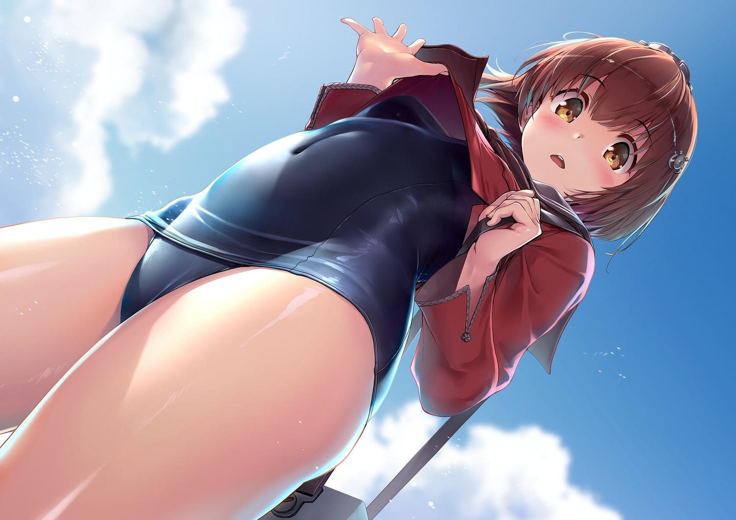 kantai_collection school_swimsuit seifuku shinozuka_jyouji swimsuits undressing yukikaze_(kancolle)