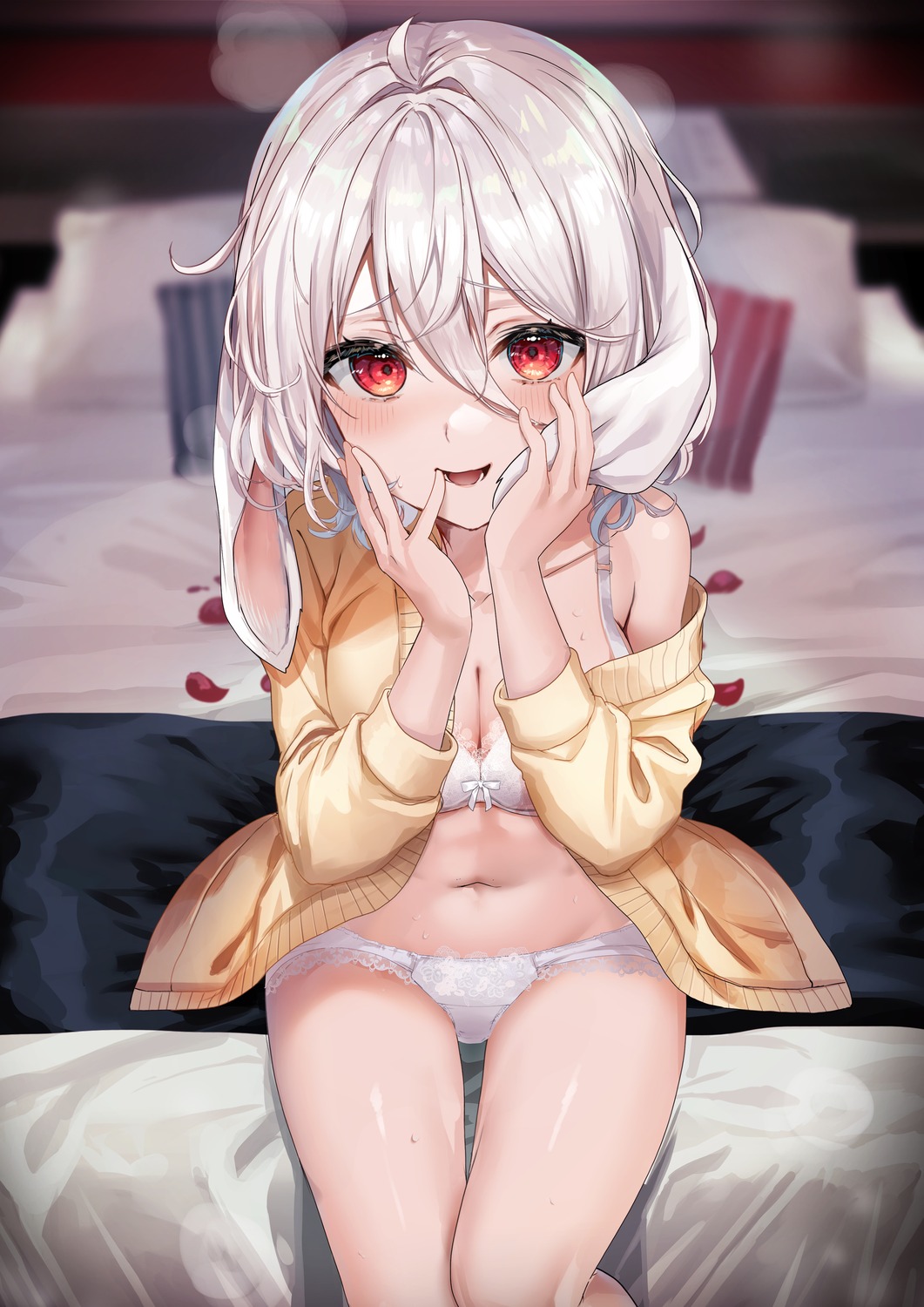 animal_ears bra bunny_ears cleavage fou_(ssqseeker) open_shirt pantsu sweater