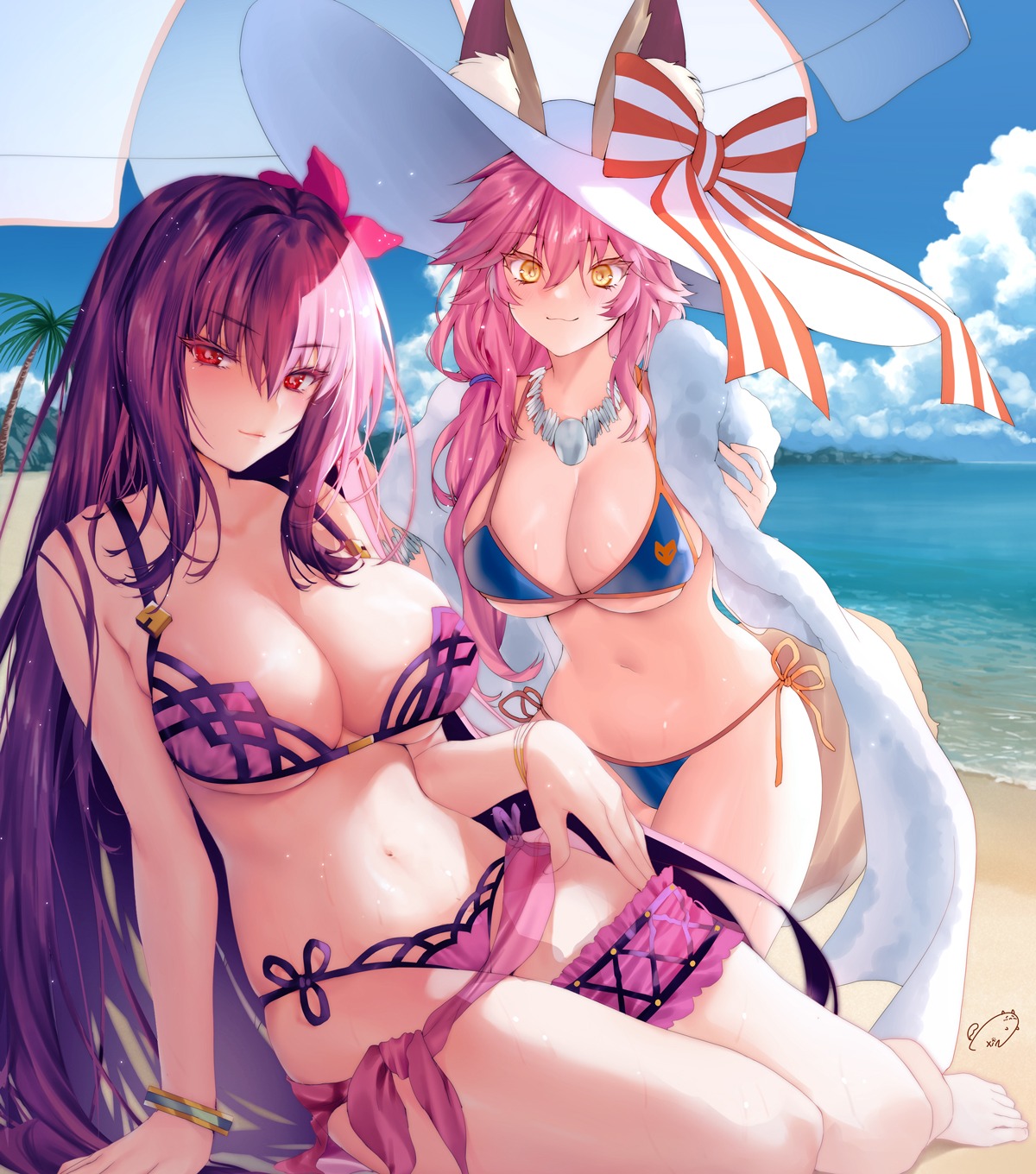 animal_ears bikini cleavage fate/grand_order garter kitsune scathach_(fate/grand_order) swimsuits tail tamamo_no_mae xin