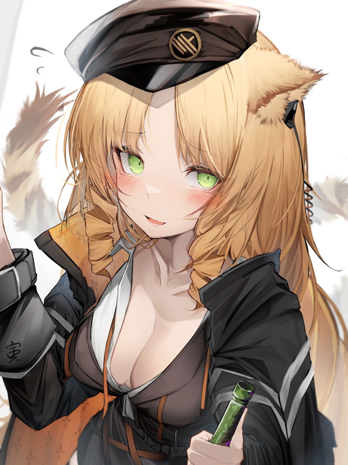 animal_ears arknights cleavage open_shirt swire_(arknights) tab_head tail