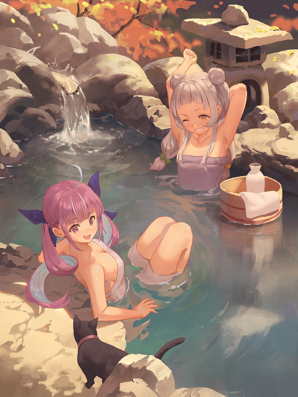 bathing hololive minato_aqua murasaki_shion neko onsen ruien towel wet