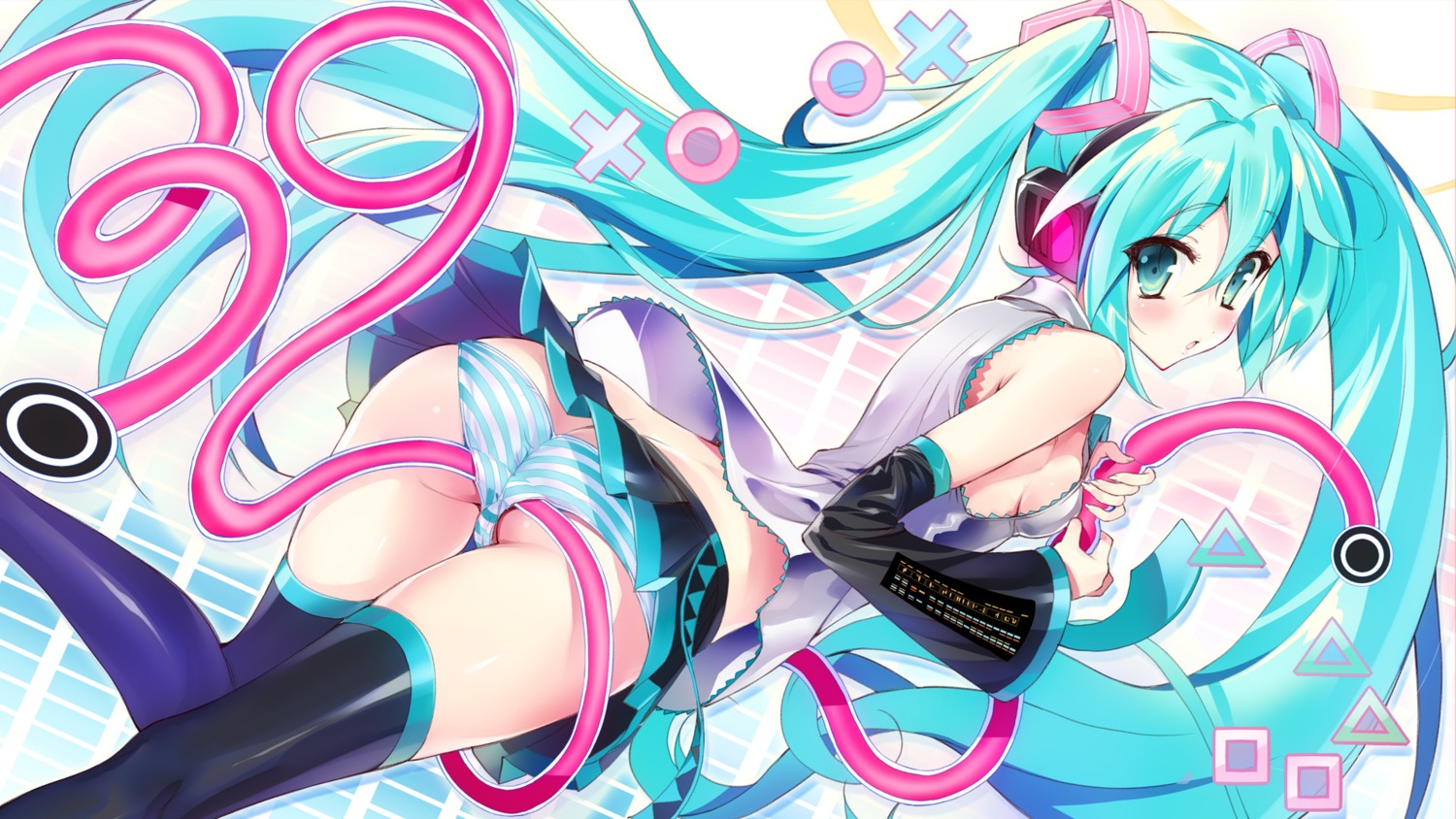 ass cameltoe hatsune_miku headphones no_bra pantsu shimapan thighhighs vocaloid wallpaper youta