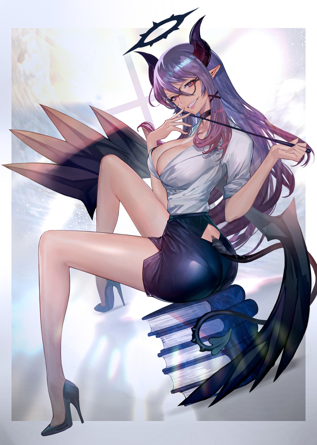 angel ass heels hitowa horns megane no_bra open_shirt pointy_ears tail weapon wings