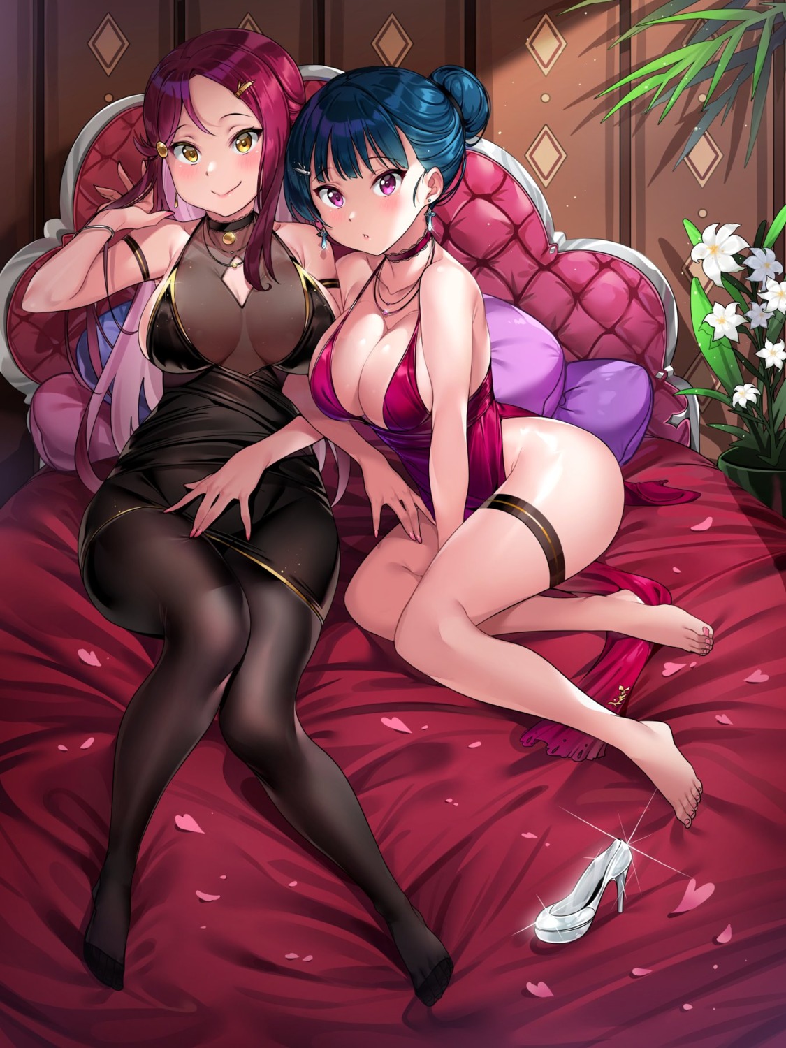 breast_hold cleavage dress garter love_live!_sunshine!! no_bra pantyhose sakurauchi_riko see_through tem10 tsushima_yoshiko