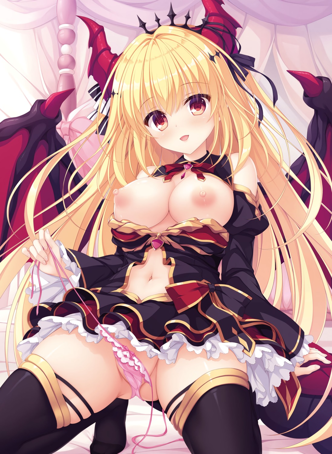 breasts detexted digital_version drapri_guu-ta-life drapri_guu-ta-life_3 haru_(drapri_guu-ta-life) horns nipples no_bra pantsu panty_pull skirt_lift string_panties tail takano_yuki thighhighs undressing whirlpool wings