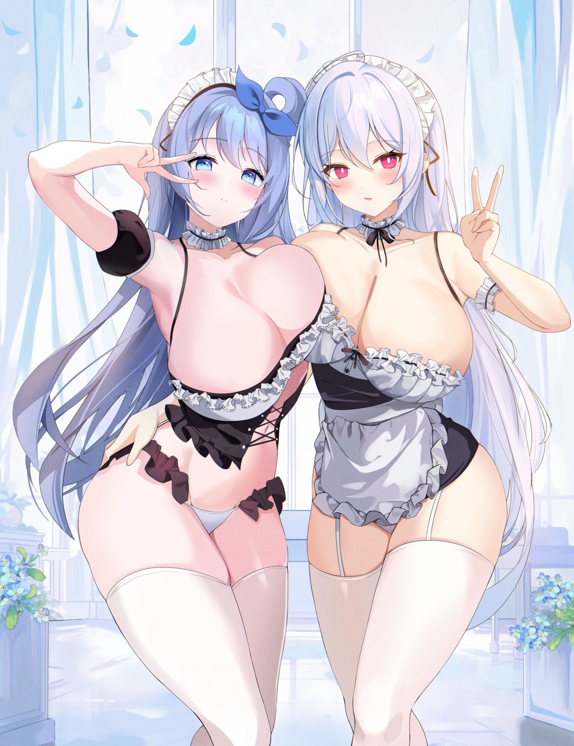 closers crossover maid mirae_(closers) no_bra pantsu stockings symmetrical_docking tagme thighhighs yuksi_(yuksi)