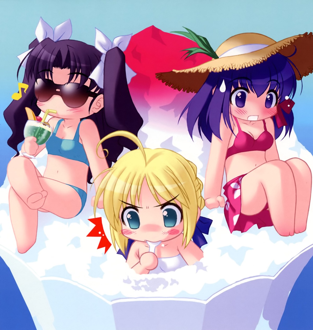 bikini chibi fate/stay_night matou_sakura saber swimsuits tagme toosaka_rin