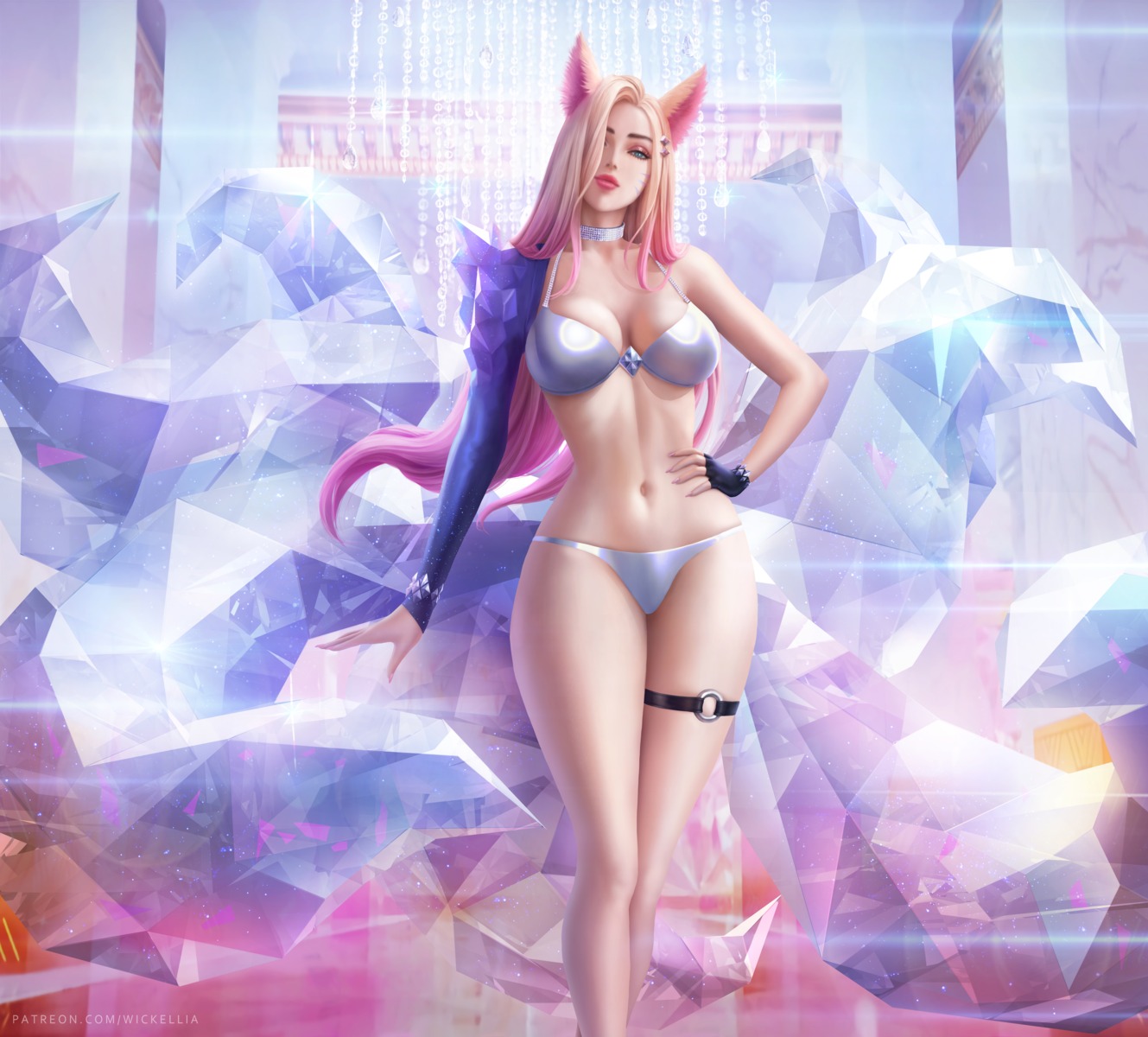 ahri animal_ears bra garter kitsune league_of_legends pantsu tail wickellia