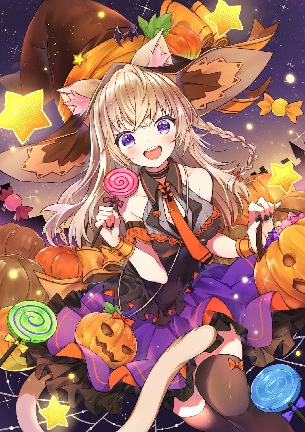 animal_ears halloween nekomimi skirt_lift tagme tail thighhighs witch