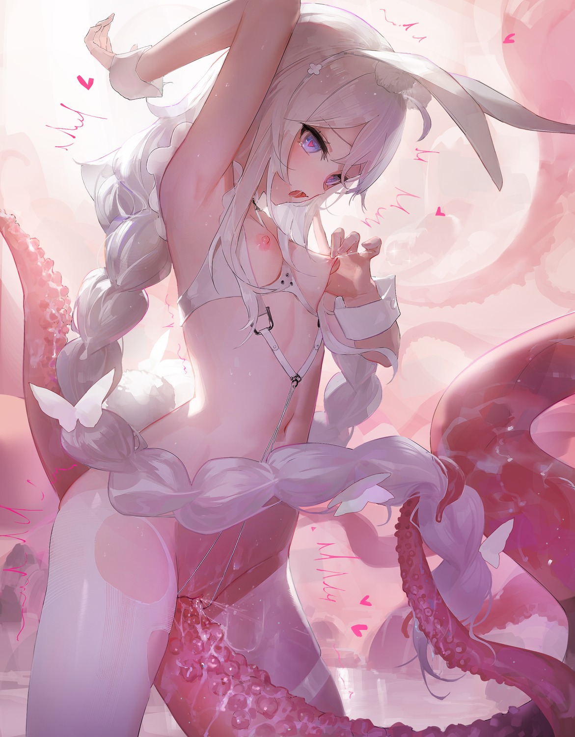 animal_ears azur_lane breasts bunny_ears garter lactation le_malin_(azur_lane) leiq nipples no_bra nopan pantyhose pussy pussy_juice tentacles torn_clothes